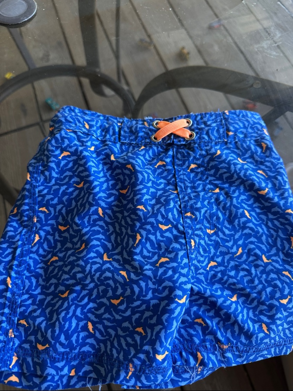 Blue Shark-Print Kids Swim Shorts with Orange Drawcord
